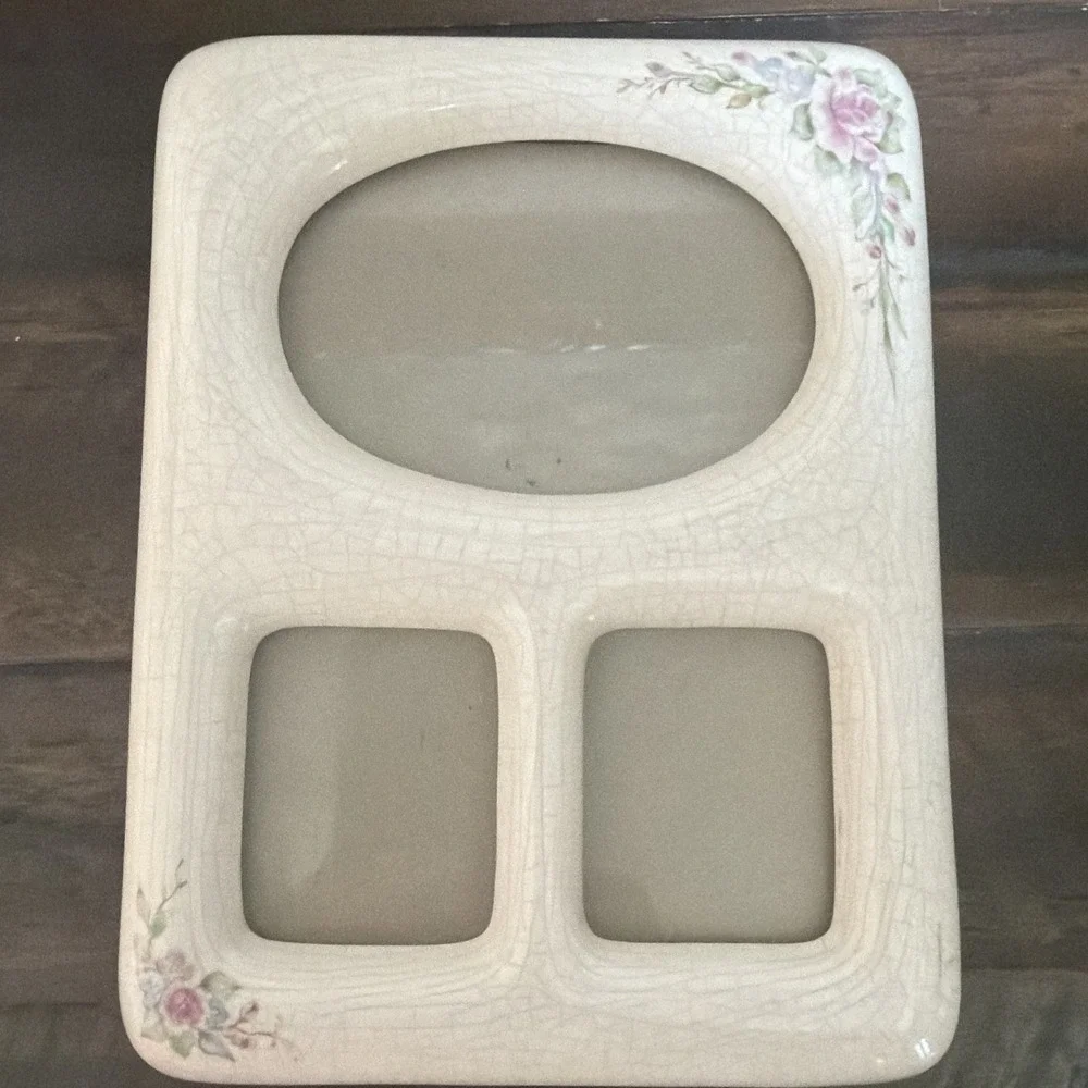 Vintage Photo Frame Ceramic Victorian Pink Floral Picture Multi Ivory Crazing